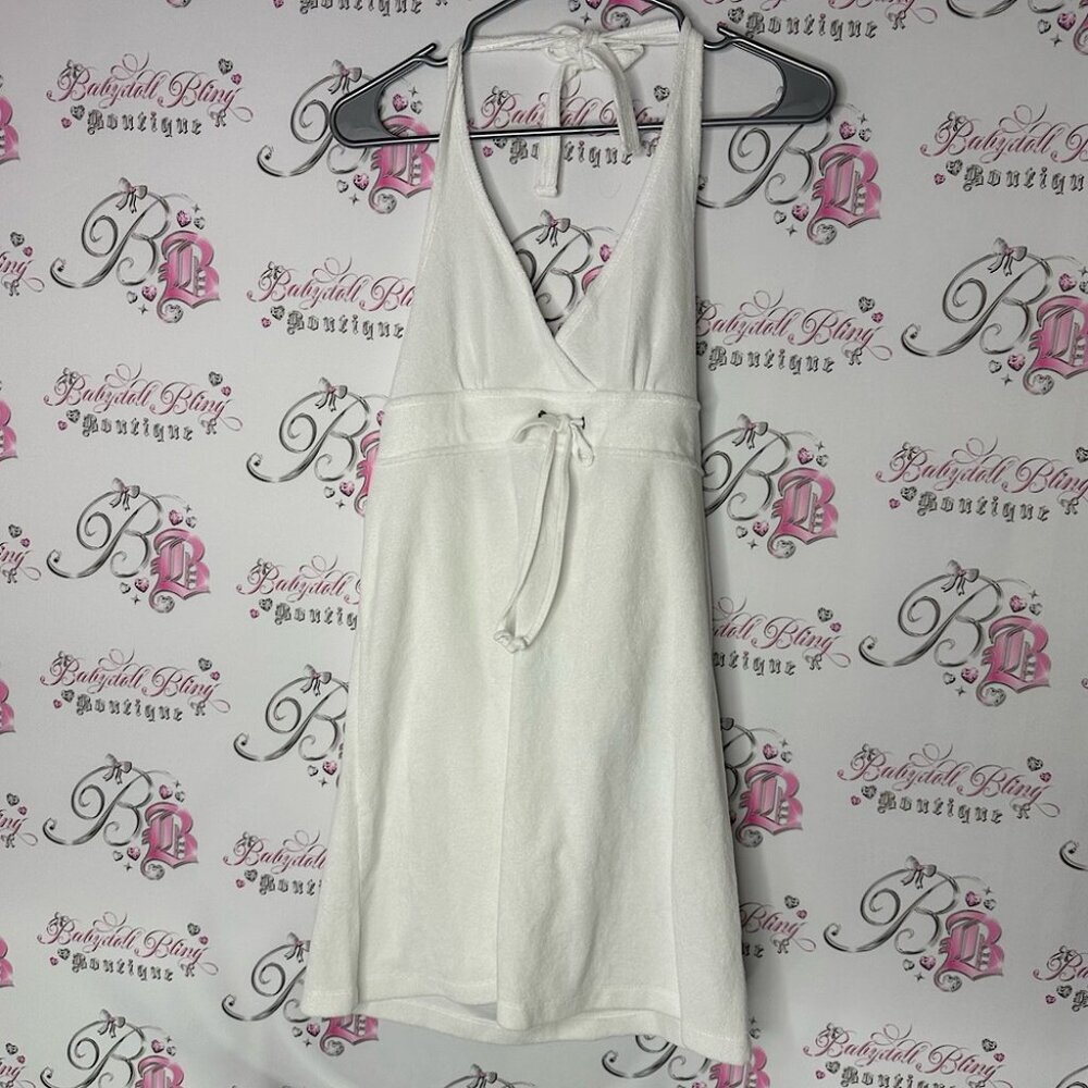 St.johns bay swim terry cloth towel beach tie up ribbon White Halter Dress